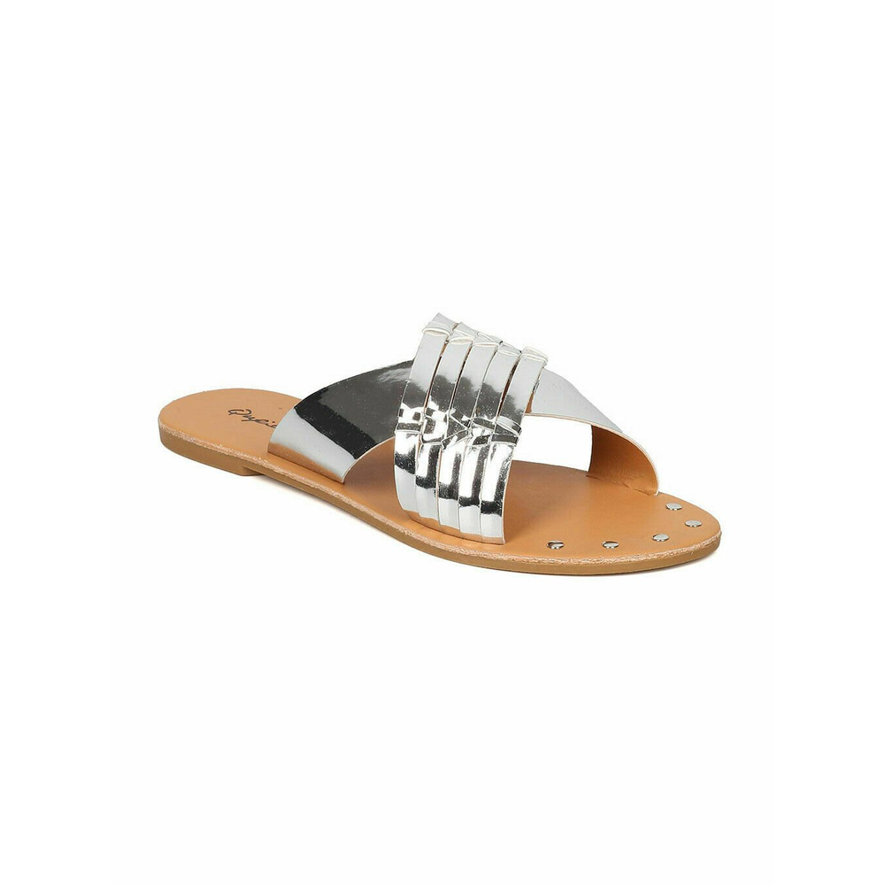 NEW Women Qupid Archer-376 Metallic Leatherette Open Toe Flat Sandals Sz 7.5